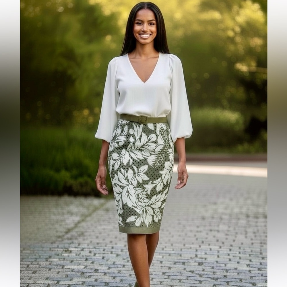 Carlisle Brocade Green Floral Pencil Skirt U.S. 8